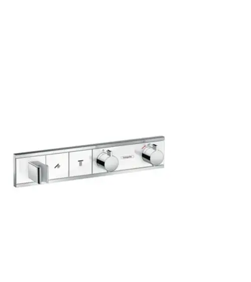 Thermostat-Bedienelement von Hansgrohe mit Steuerungsgriffen für zwei Verbraucher und integriertem Brausehalter in Chrom und weißem Design.